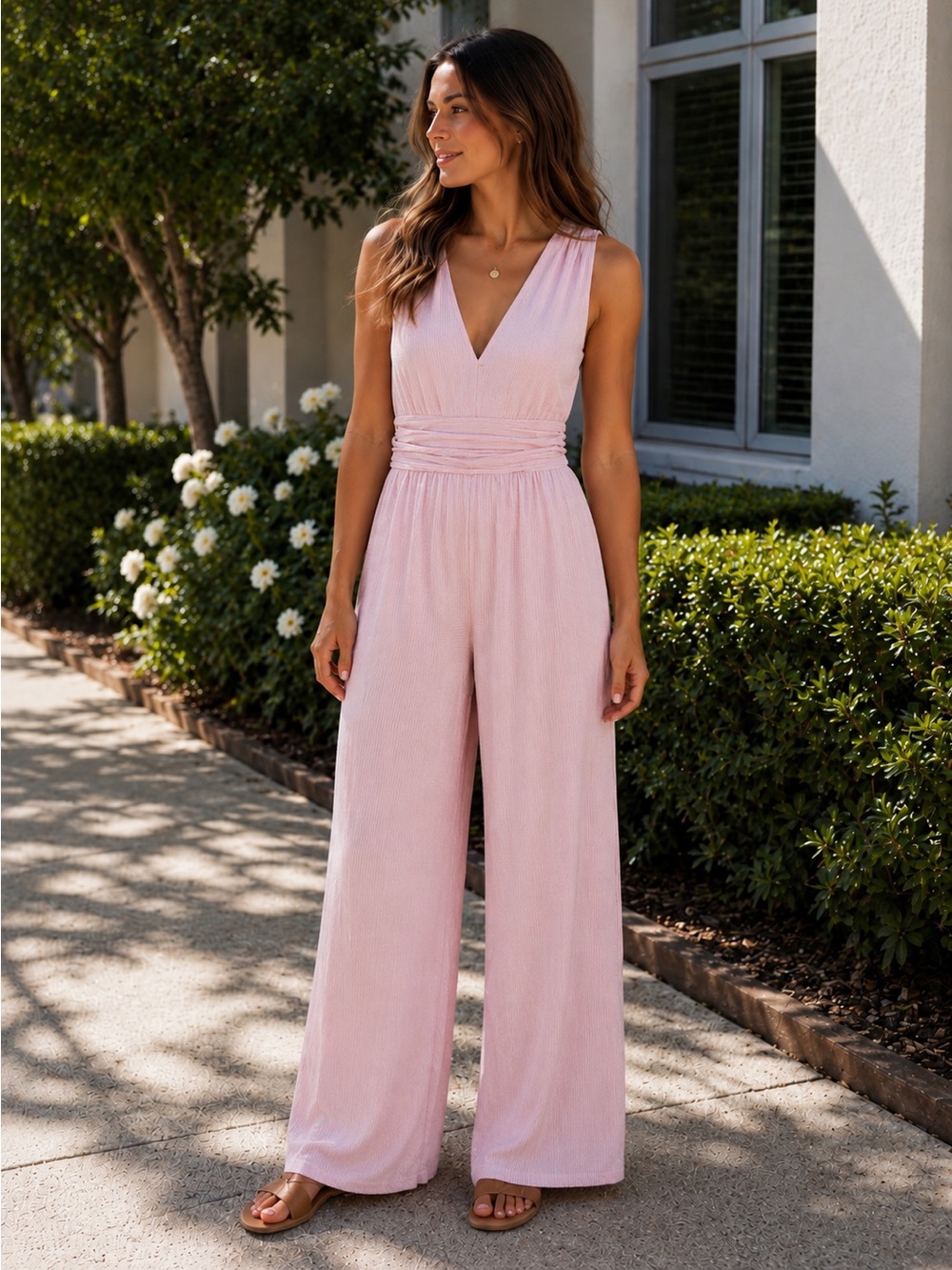Halara Sleeveless V-Neck Wide-Leg Jumpsuit in Light Pink Ribbed